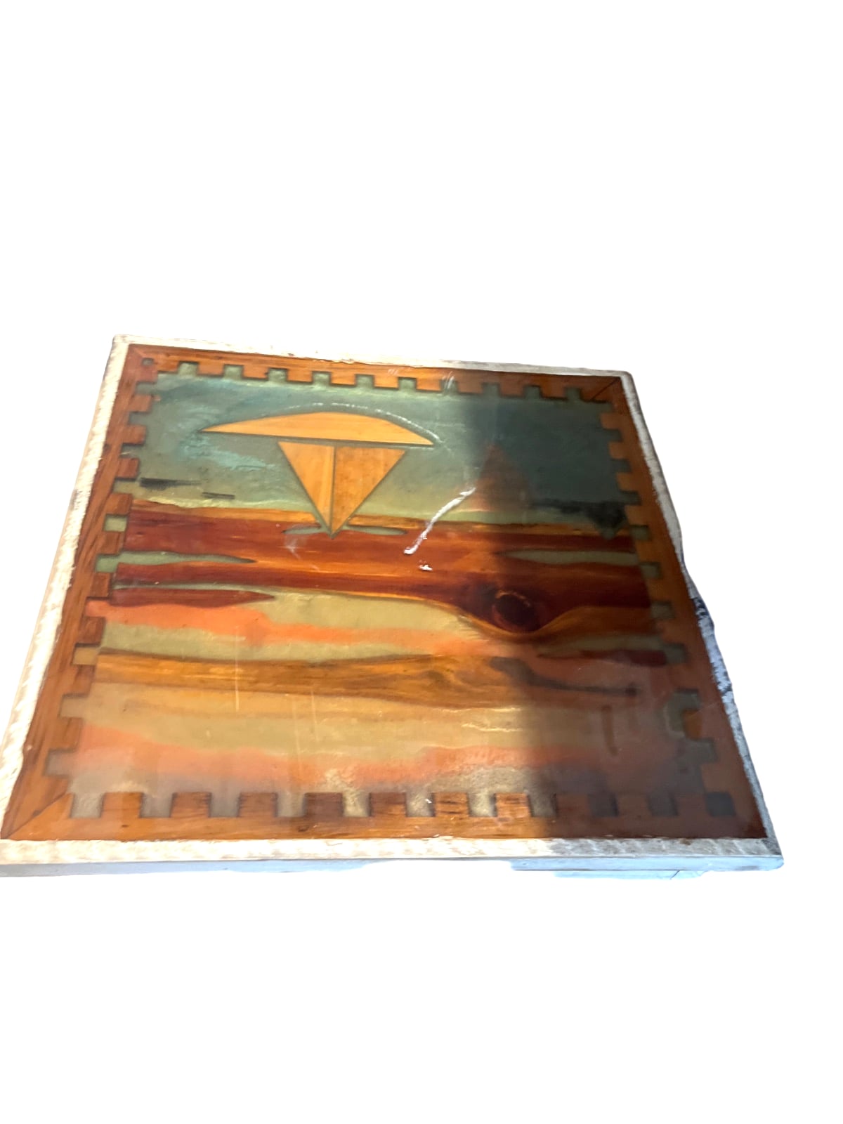 Rustic Wooden Side Table with Inlaid Design